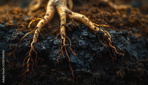 Exposed root absorbing dark carbon particle beneath healthy soil