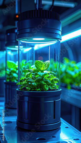 Futuristic hydroponic filter with green plant in laboratory setting