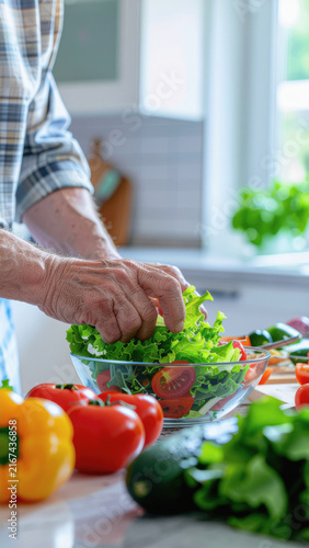 Elderly man preparing fresh green salad in modern kitchen