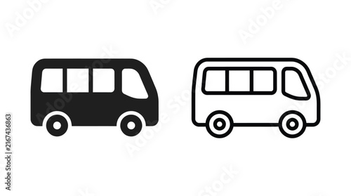 Set of simple minibus icons in solid and outline style for transportation design.