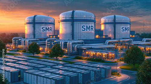 Compact industrial nuclear power plant at sunset with three small modular reactor containment domes SMR
