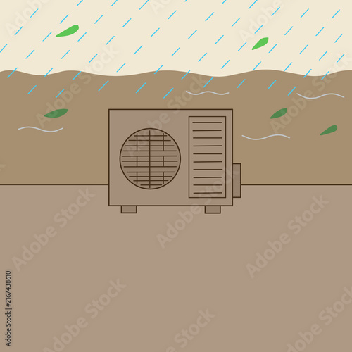 大雨や洪水、水害で水没したエアコンの室外機のシンプルなイラスト素材