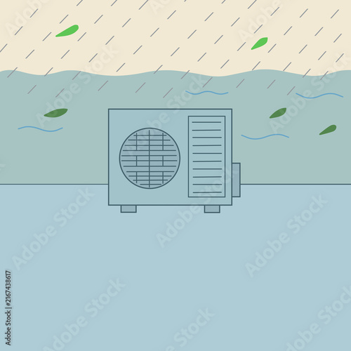 大雨や洪水、水害で水没したエアコンの室外機のシンプルなイラスト素材