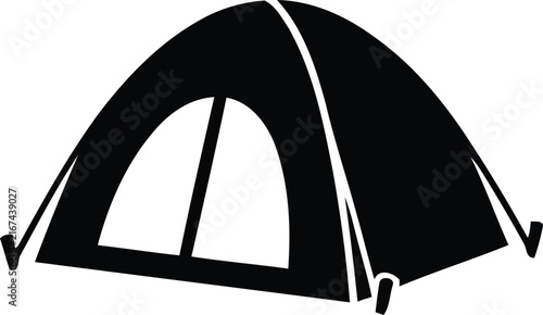 A simple black and white camping tent icon depicted in a clean and minimalist graphic art style silhouette