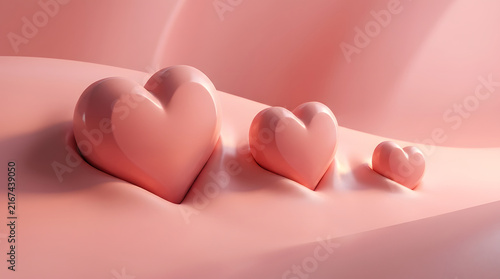 Three pink hearts on a smooth pastel background in soft lighting