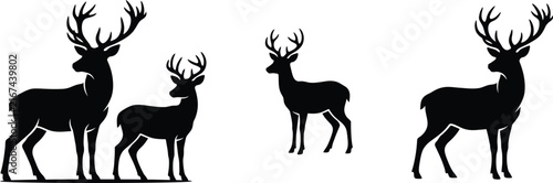 A collection of majestic deer and stag figures displayed in a minimalist black and white graphic art silhouette