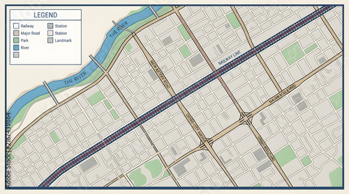 Detailed city map with roads, river, and park areas