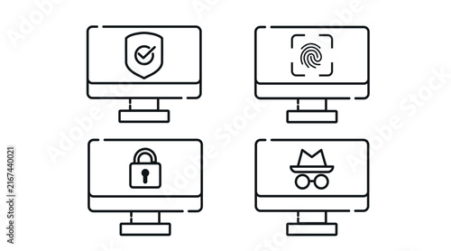 Cyber security and digital privacy computer monitors vector icons set. Black line art style on white background. Clean outline screens collection