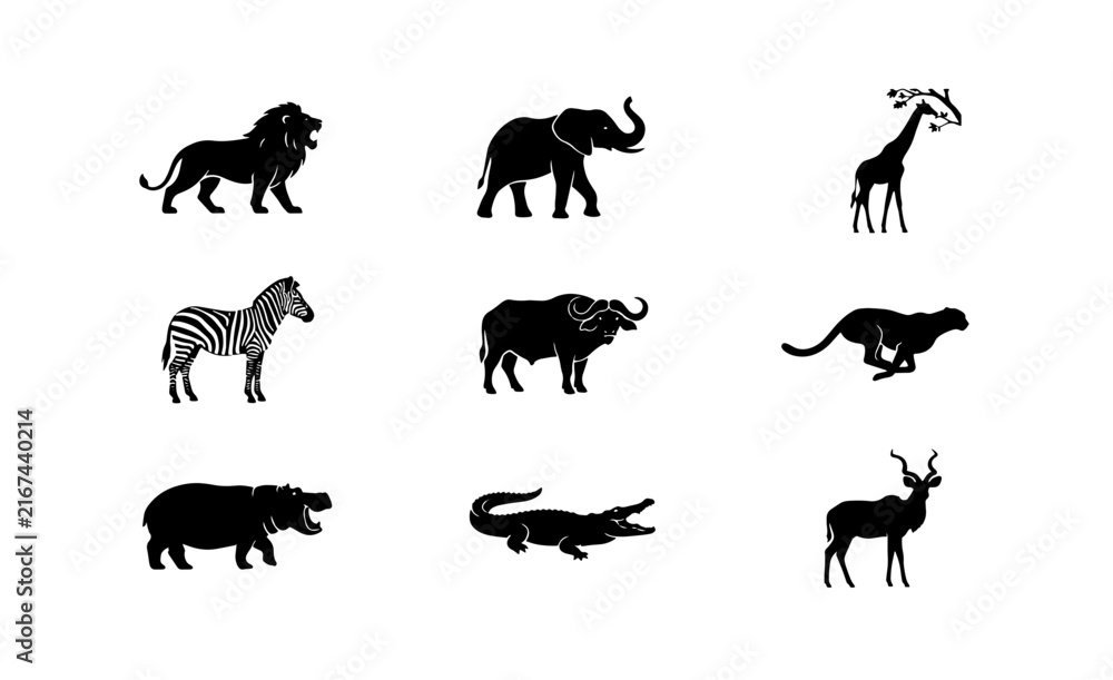 Fototapeta premium 70 African Wildlife Silhouette Collection, Safari Animals Vector Icons Set, Lion Elephant Giraffe Zebra Buffalo Cheetah Hippo Crocodile Antelope Graphics 100