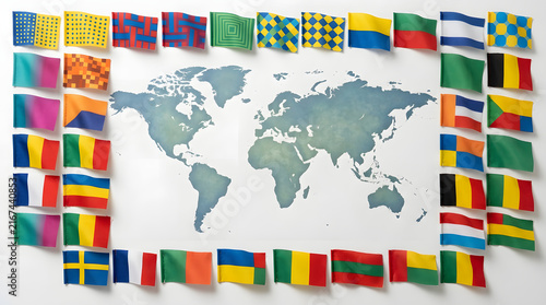 World map surrounded by various international flags on white background