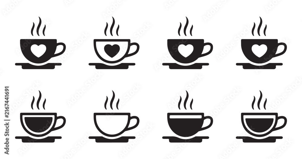 Obraz premium Hot beverage cups with steam and heart symbols collection isolated on transparent background for flyers.