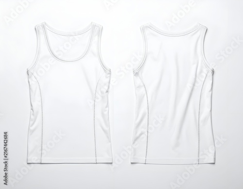White sleeveless athletic tank top front and back view.
