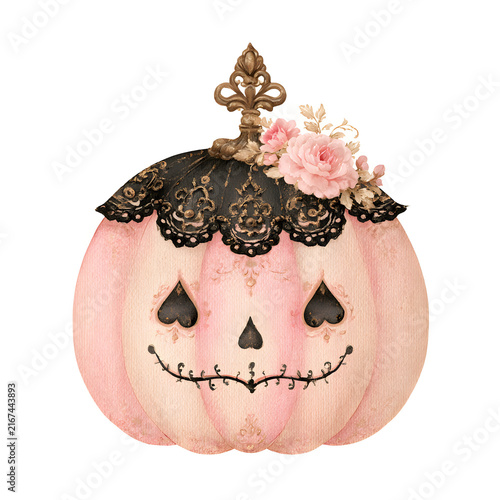 Vintage pink Halloween pumpkin with floral hat