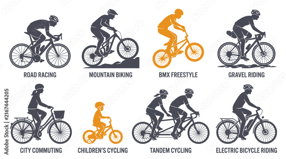 Fototapeta premium Set of various bicycle riding styles and types of cycling activities illustrated as silhouettes.