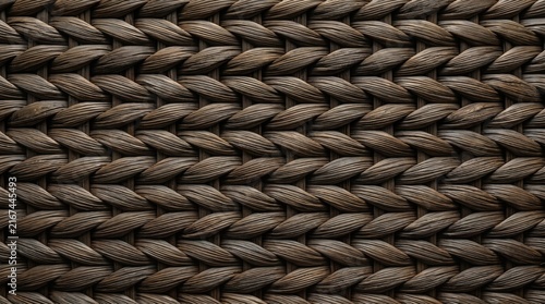 Horizontal close-up photo of a dark brown wicker basket texture background, organic vine and straw weave pattern