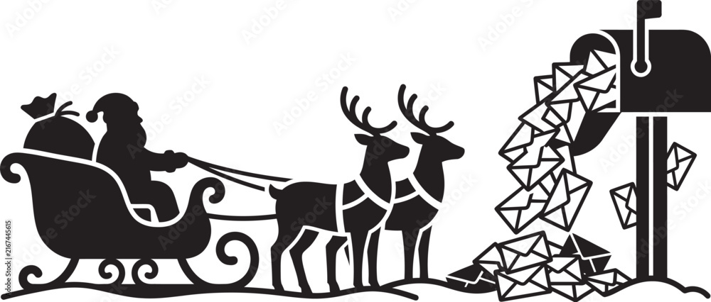 Fototapeta premium Santa claus with reindeer and mailbox depicted in a black silhouette