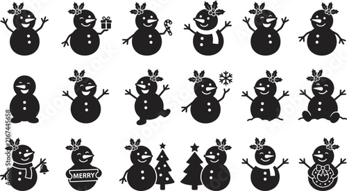 Collection of black snowman shapes with festive details silhouette