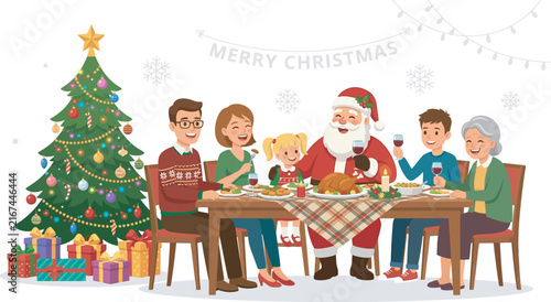 Family celebrating christmas dinner with santa claus vector illustration silhouette