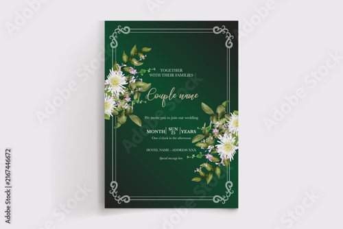 Elegant Emerald Green Floral Wedding Invitation Template with Ornamental Border and White Chrysanthemum Flowers