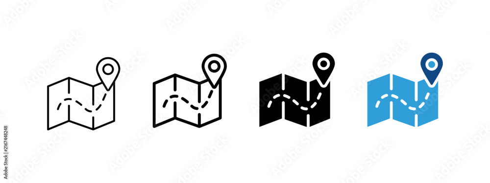 Fototapeta premium Map route icon. Travel navigation and destination sign. Location marker and journey path symbol. Route planning thin pictogram. Thin blue map illustration for travel and navigation.