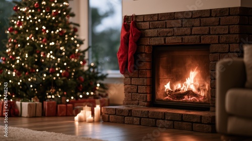 Cozy living room with fireplace and decorated Christmas tree