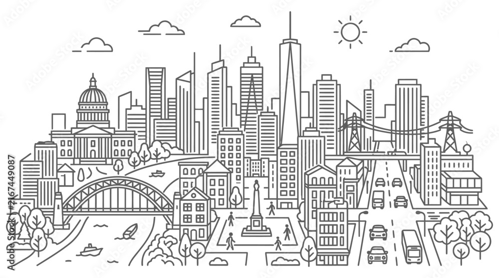 Obraz premium city skyline urban landscape line art of a modern citys architecture featuring a river bridge and highway.