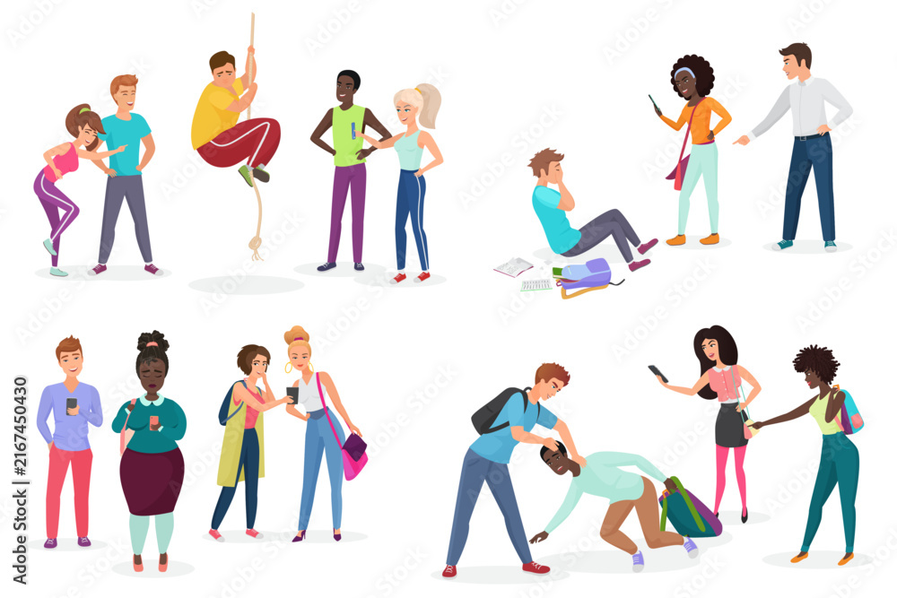 Fototapeta premium Teenagers experiencing bullying, harassment, exclusion in various school situations, highlighting emotional distress and negative social interactions, isolated on white background vector illustration