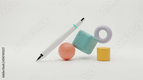 Creative composition featuring geometric shapes and stationery items on transparent background