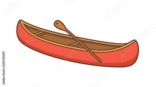 Quadro su tela Red wooden canoe with oar flat icon.