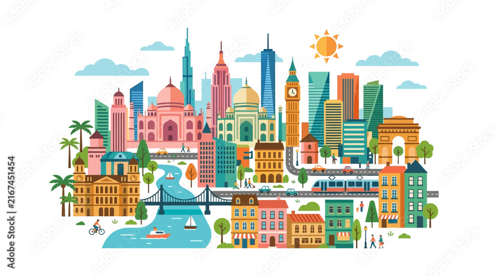 Naklejka premium global city travel world landmarks urban landscape flat design illustration of diverse iconic architecture and cultural destinations.