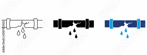 Burst pipe icon set showing water leak drops, cracked plumbing, and pipe failure. Symbol of home insurance claim, plumbing repair service, and property damage.