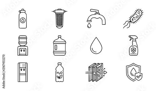 Water purification and drinking water line icons set with filter bottle cooler tap and antibacterial symbols