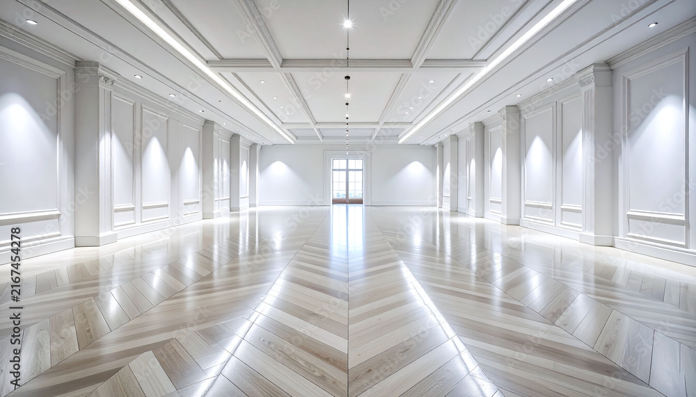 Fototapeta premium A spacious, luxurious ballroom interior, featuring white walls, elegant molding, and polished hardwood floors. No people, this bright hall evokes serenity, perfect for highend events or design.
