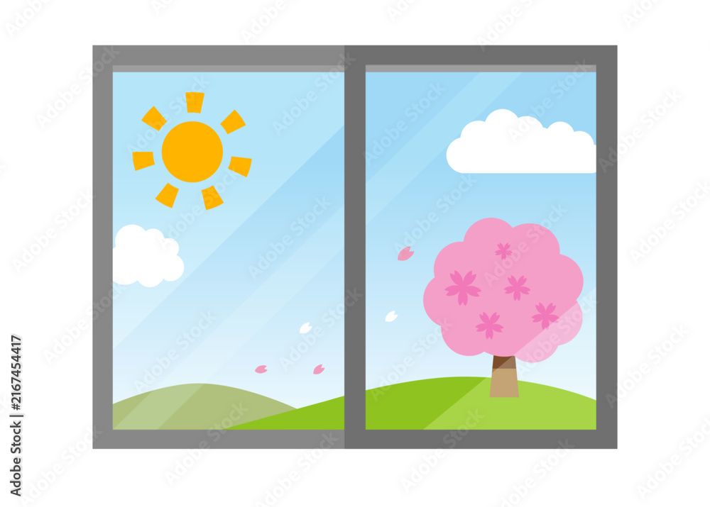 Fototapeta premium This is an illustration of a view featuring cherry blossoms and a window.