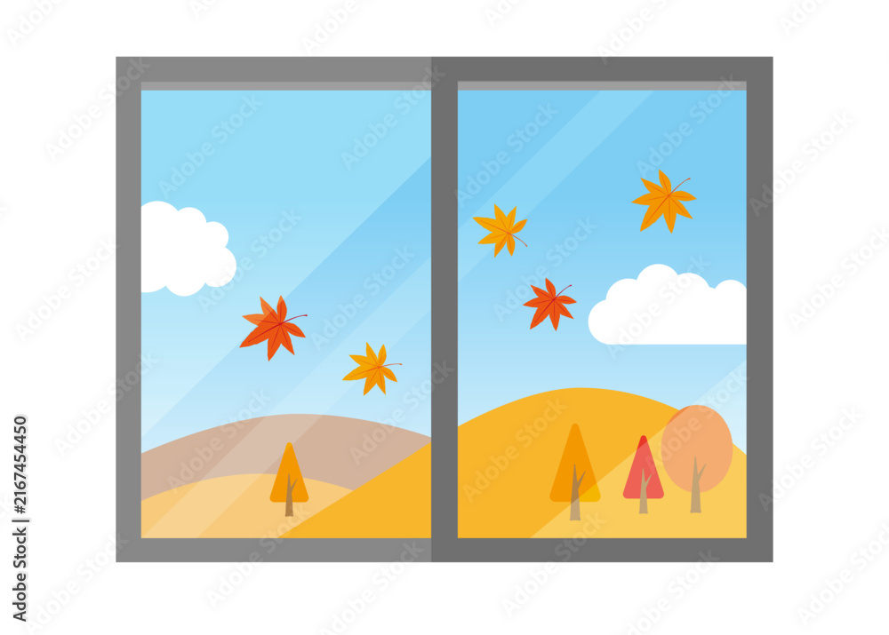 Fototapeta premium This is an illustration of autumn foliage viewed through a window.