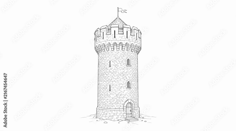 Obraz premium Medieval stone castle tower line art illustration coloring page