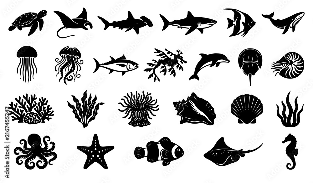 Obraz premium Black Underwater Ocean Animals Coral Reef Turtle Crab Jellyfish Vector Icons