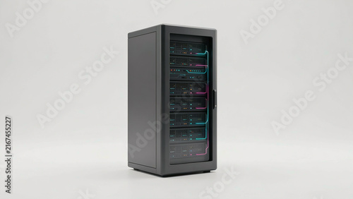 Modern server rack with illuminated hard drives and organized data storage units