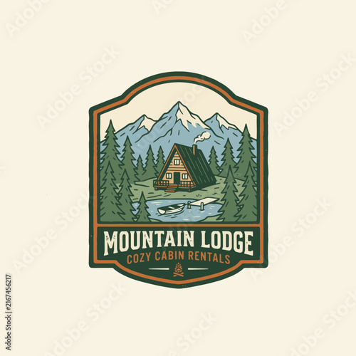 Vintage Mountain Lodge Cozy Cabin Rentals Logo Design, Suitable for A-Frame Cabins, Lake Resorts, Camping Grounds, and Outdoor Travel