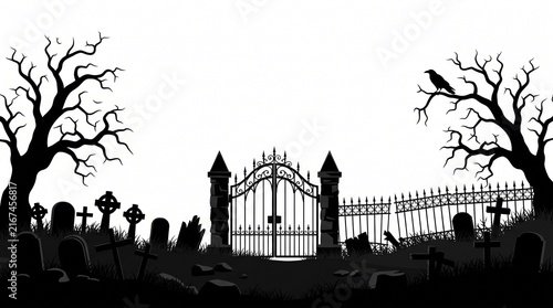 Haunting cemetery scene with silhouetted figures and gothic iron gates at dusk