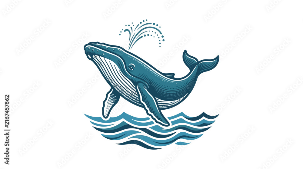 Obraz premium vector1 (13).eps artistic stylized vector illustration of a blue whale breaching ocean waves with water spout design