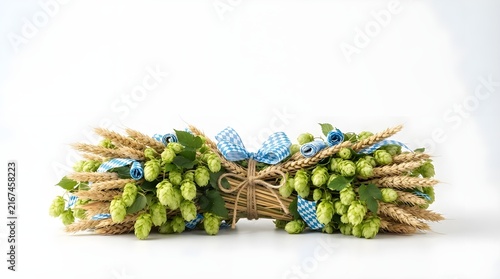 Bundle of Fresh Green Hops and Wheat Tied with Bavarian Ribbon on White Background