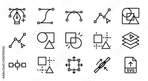 Vector design icon set in black outline style containing pen tool anchor points and basic geometry shapes.