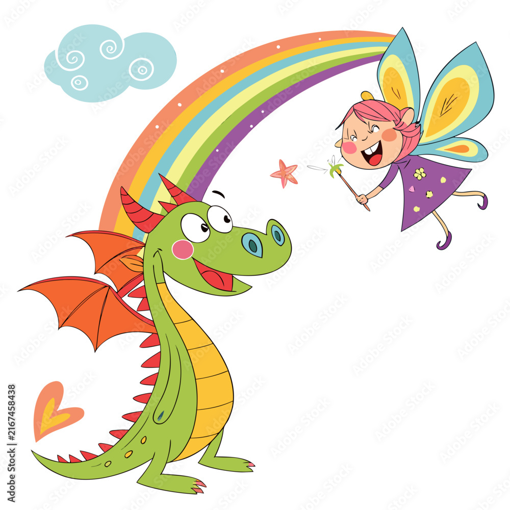 Naklejka premium Friendly green dragon and cheerful fairy with a rainbow and magic wand, fantasy scene of friendship and wonder, cute children's illustration.