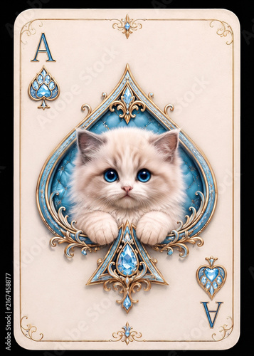 Luxury Ace Playing Card with Cute Kitten in Ornate Blue Spade Design