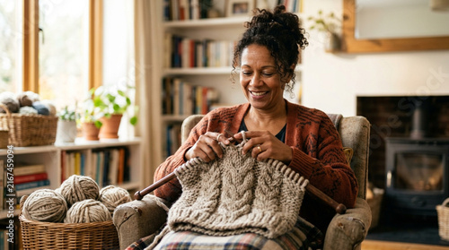 Smiling Mature Woman Knitting Wool Sweater in Cozy Home Interior, Relaxation and Creative Hobby Concept