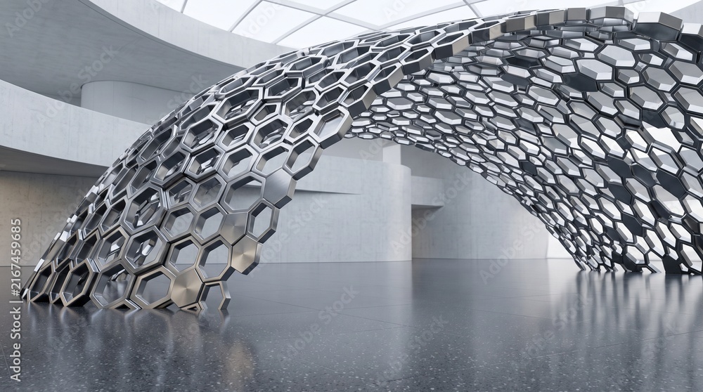 Obraz premium Metallic hexagon pattern arch structure in a modern minimalist interior gallery space.