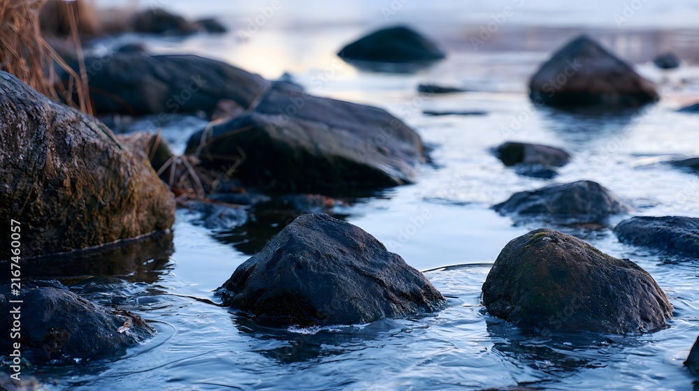 Obraz premium Rocks emerge from calm water under soft light creating a tranquil natural scene with textured surfaces and gentle ripples