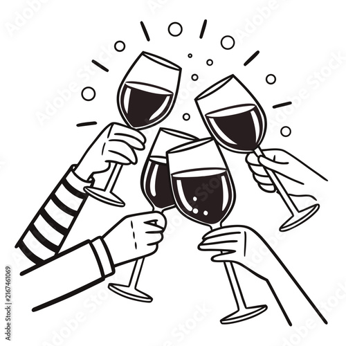 фотографія People clinking wine glasses in celebration toast black and white hand drawn vector illustration showing group of four friends enjoying drinks together at social event