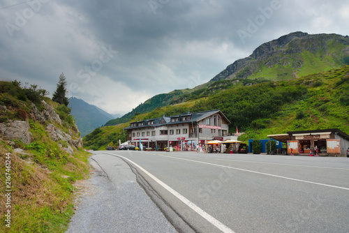 Fotografie Arlberg Pass, Austria - August 16, 2026: asphalt mountain pass road B197 crossing the Arlberg region